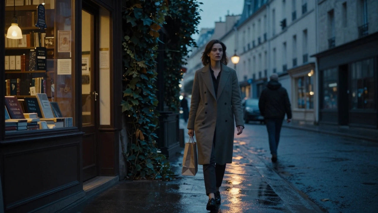 A brunette woman walking calmly through a quiet Paris street at dusk.