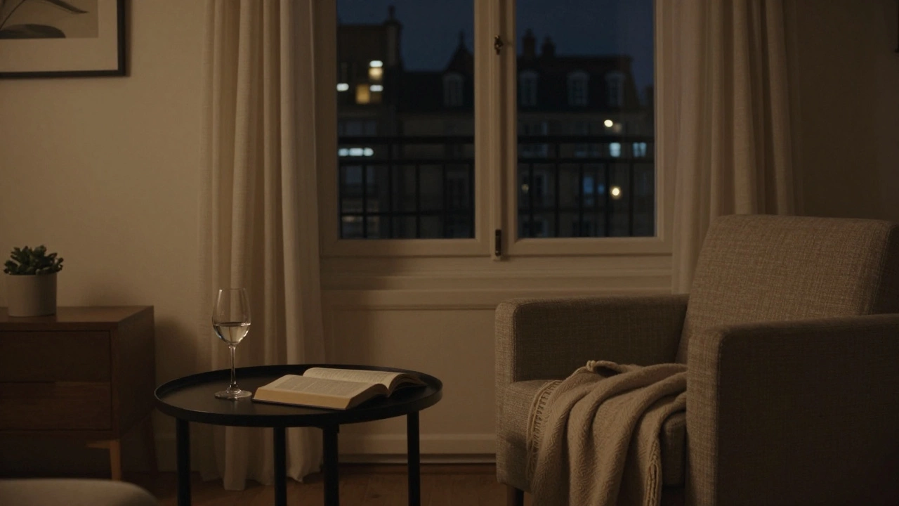 An empty, cozy living room with a book and wine glass, hinting at a recent meaningful visit.