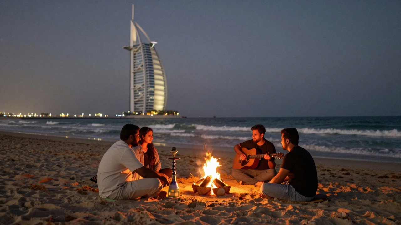 Locals gathered around a bonfire on JBR beach at night, with Burj Al Arab visible in the distance.