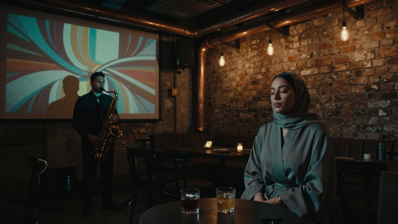 Underground jazz lounge in Al Serkal Avenue with abstract art projections and a woman listening quietly.